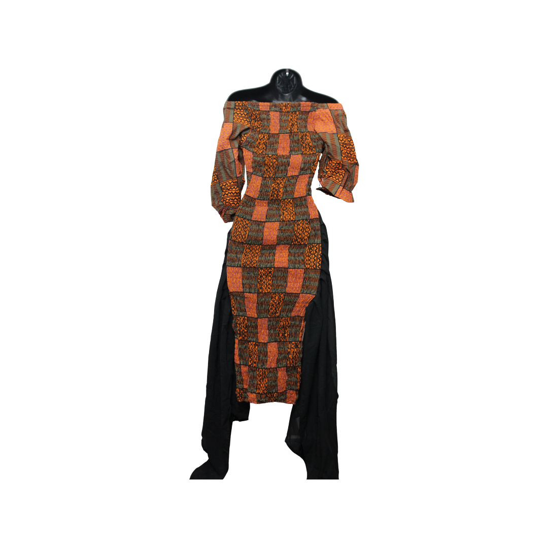 Spandex Ankara Dress With Black Chiffon Flaps.