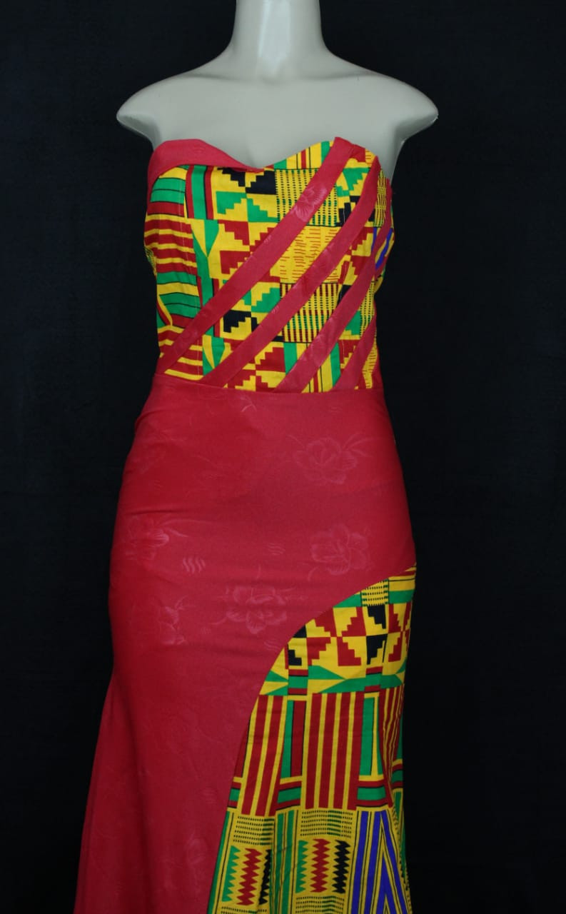Strapless Kente Dress With A Touch Of Plain Fabric