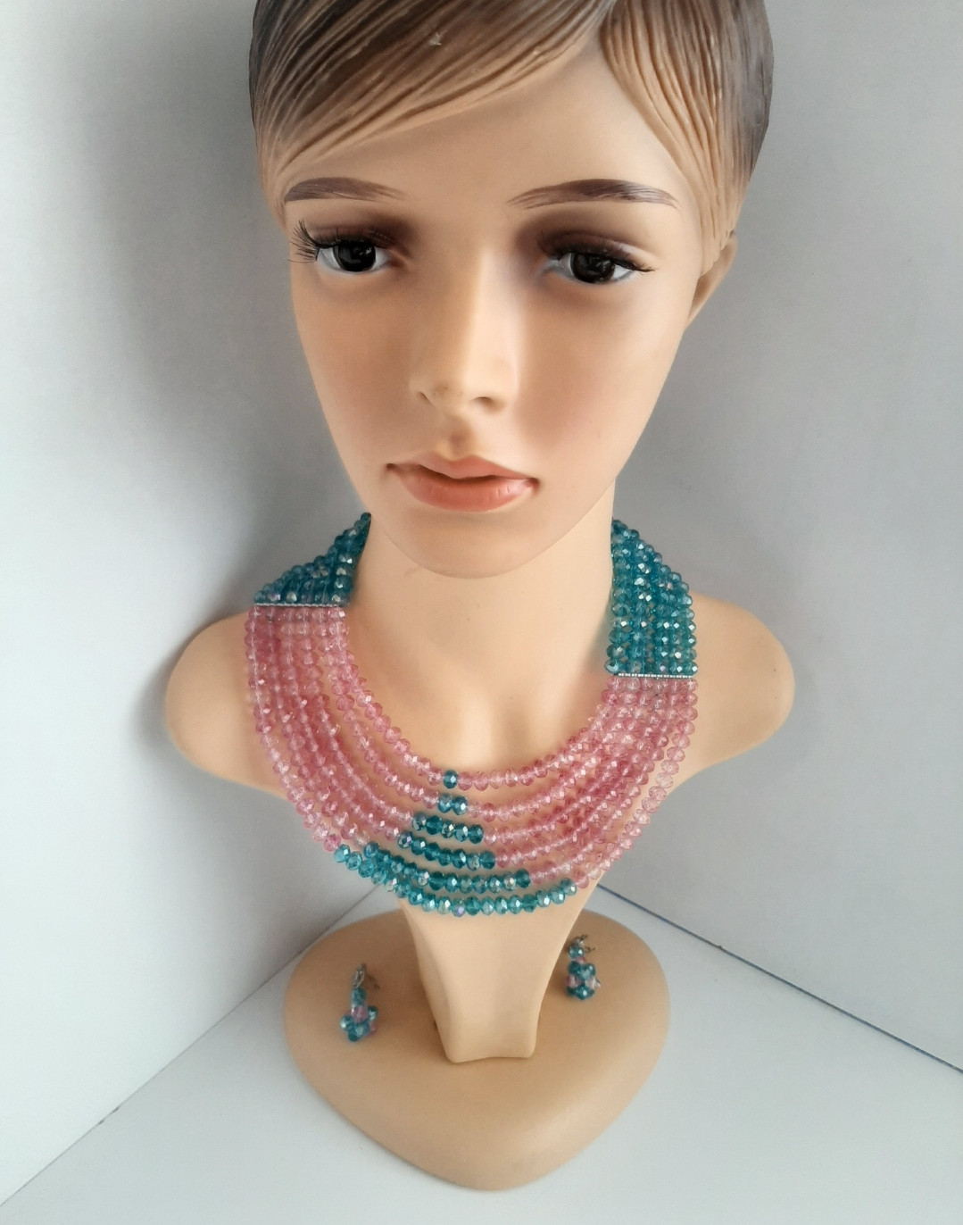 Green Pink Glass Bead Necklace Set