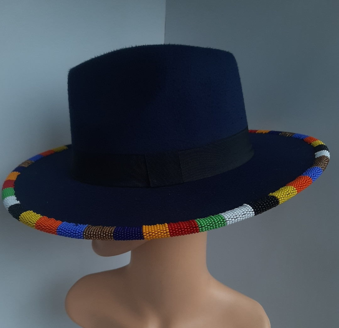 Elegant  Navy Blue Fedora Hat With Round Multi-Colored African Beaded Band