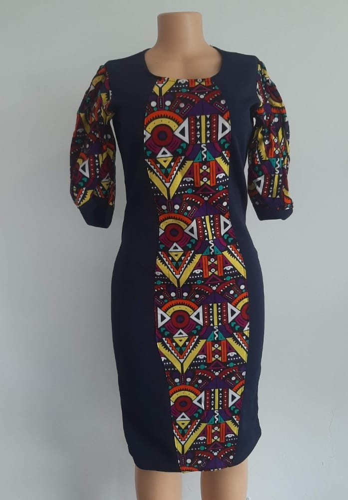 Navy Blue Plain Fabric Dress With Front Ankara Patch