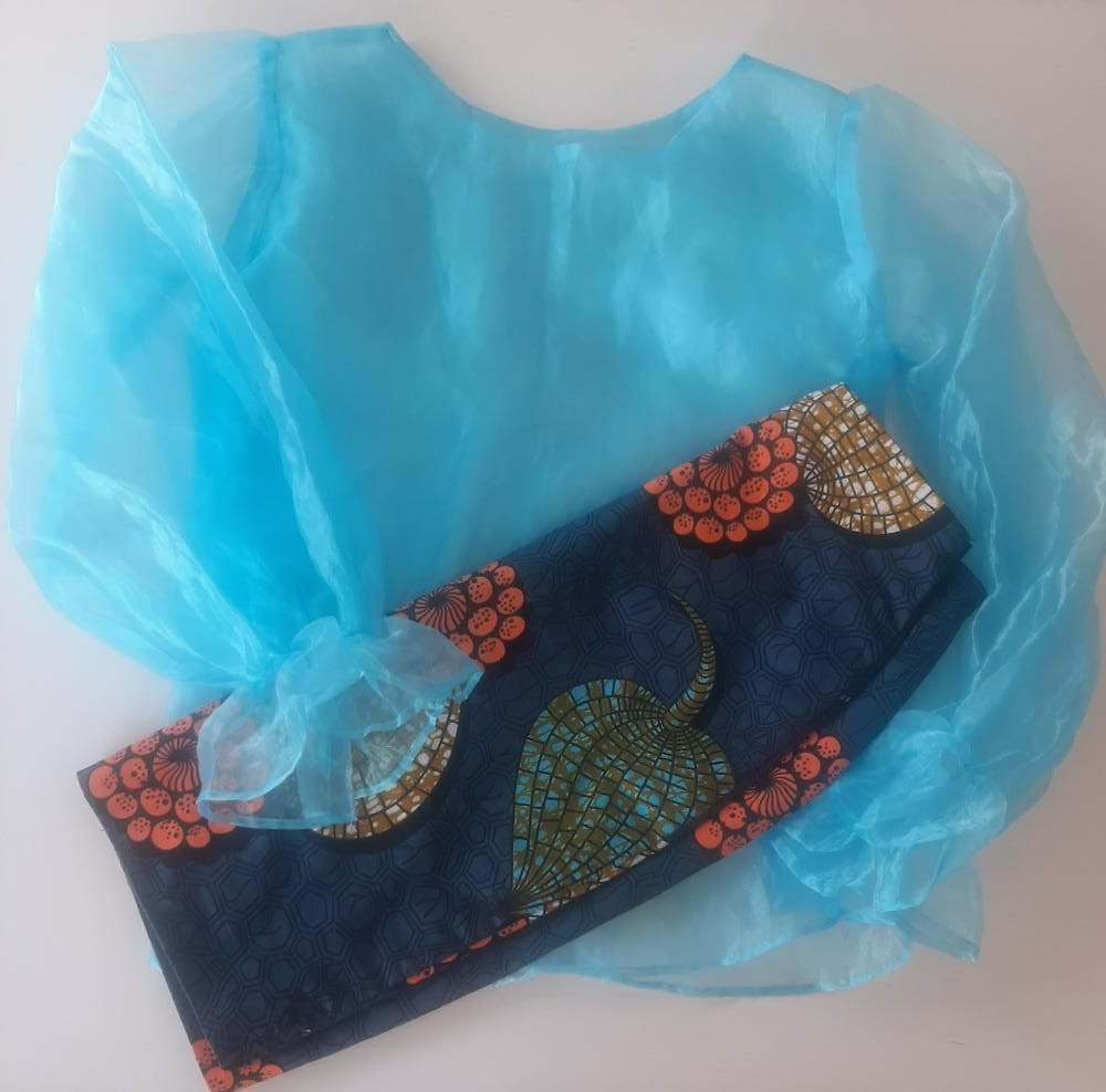 Ankara Skirt Set With Blue Organza Top