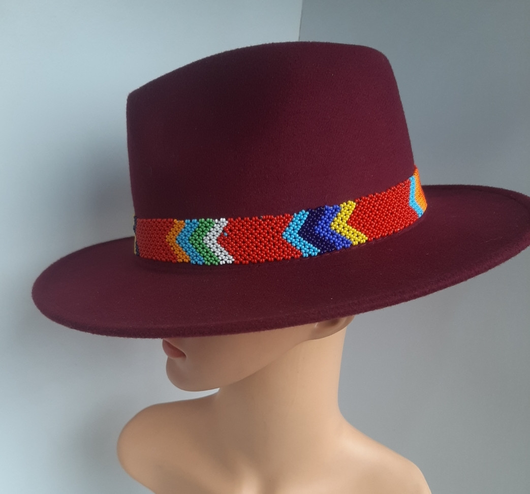 Elegant Maroon Fedora Hat With Multi-Colored African Beaded Band (2)