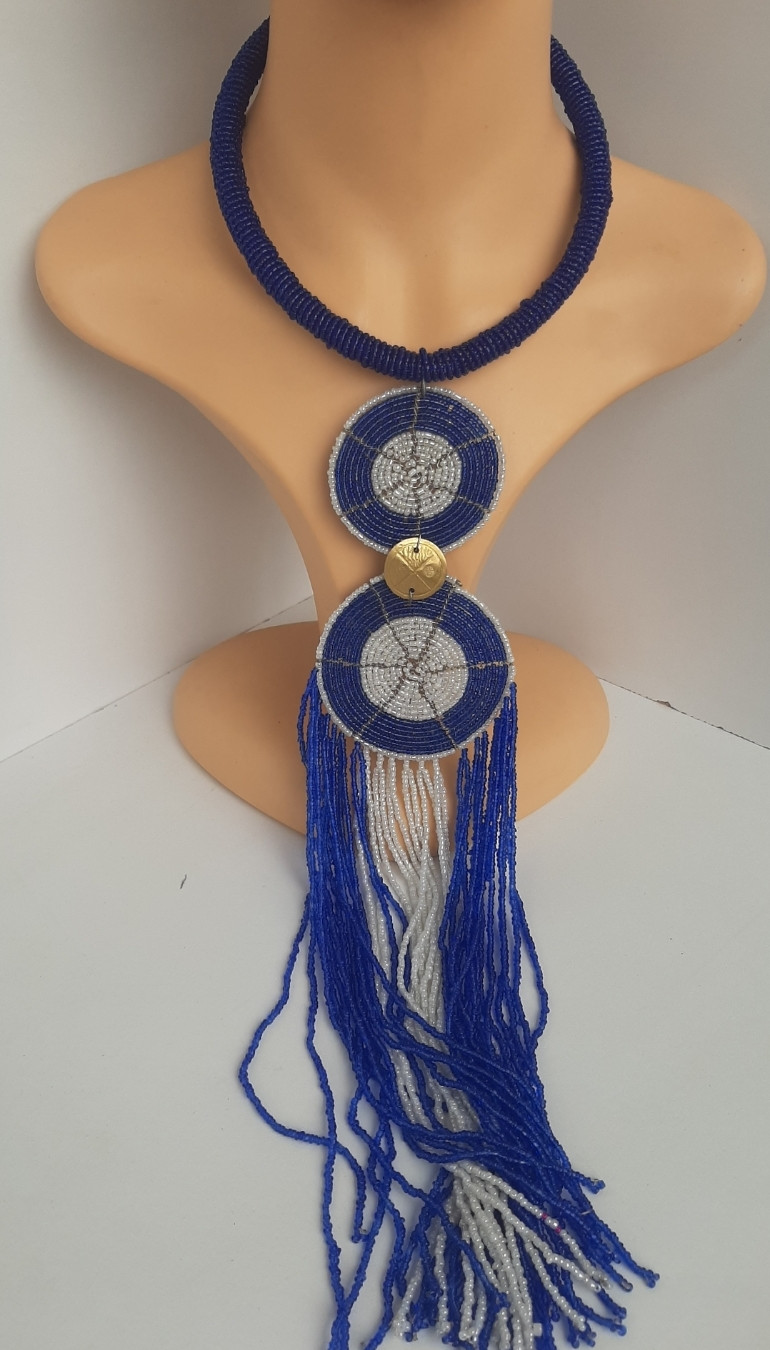 Blue White Bead Design Hanging Necklace