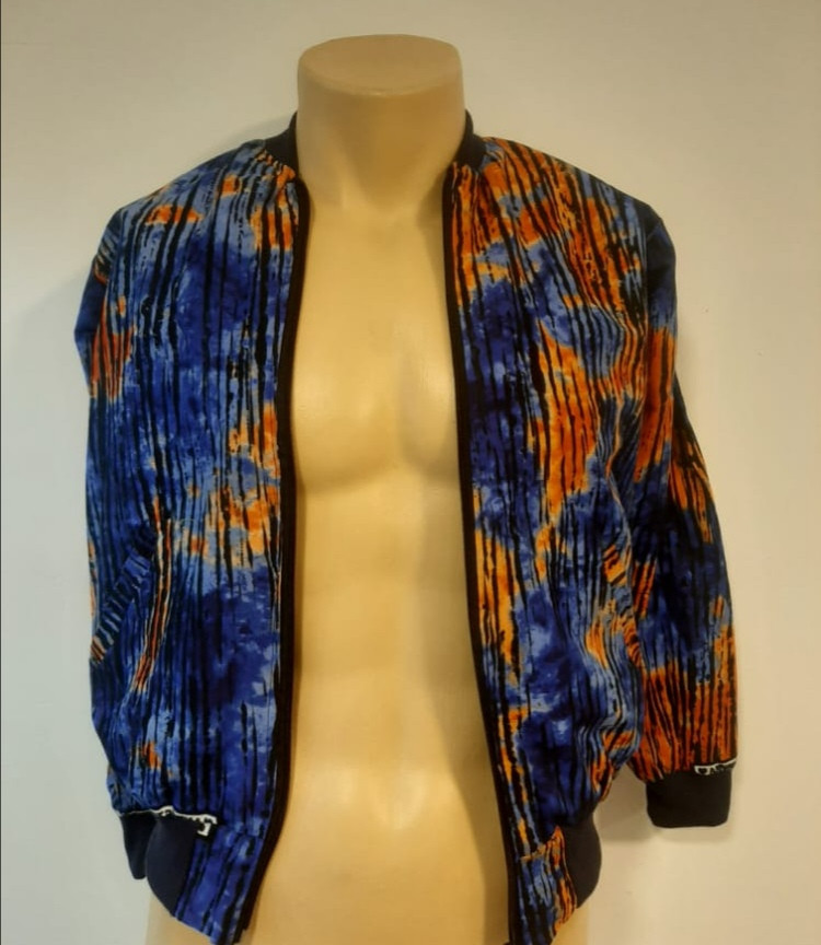 Blue Printed Kitenge Bomber Jacket