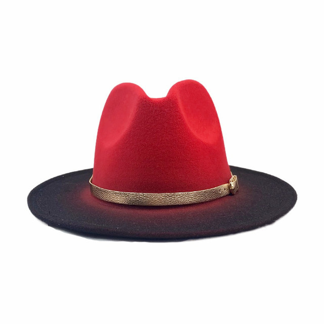 Red two-tone Gradient Ombre Fedora Hat , With a structured Wide brim. Adjustable ribbon inside the hat to pull and tighten for a better fit.