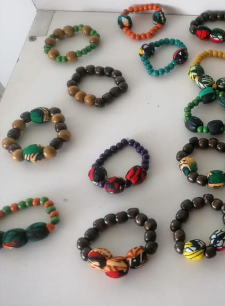 Wooden Black Bead Bracelet with Ankara Detail