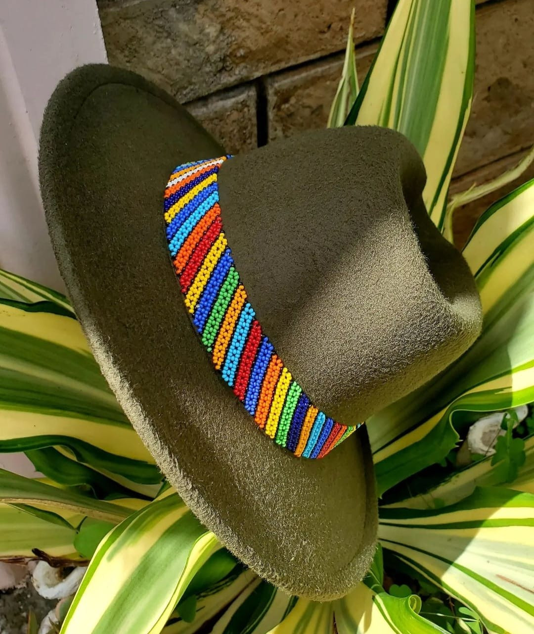 Jungle Green Fedorah Hat/Beaded with Multicolour band