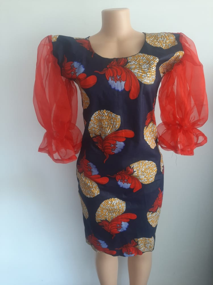 Ankara Red Dress with Organza Sleeves
