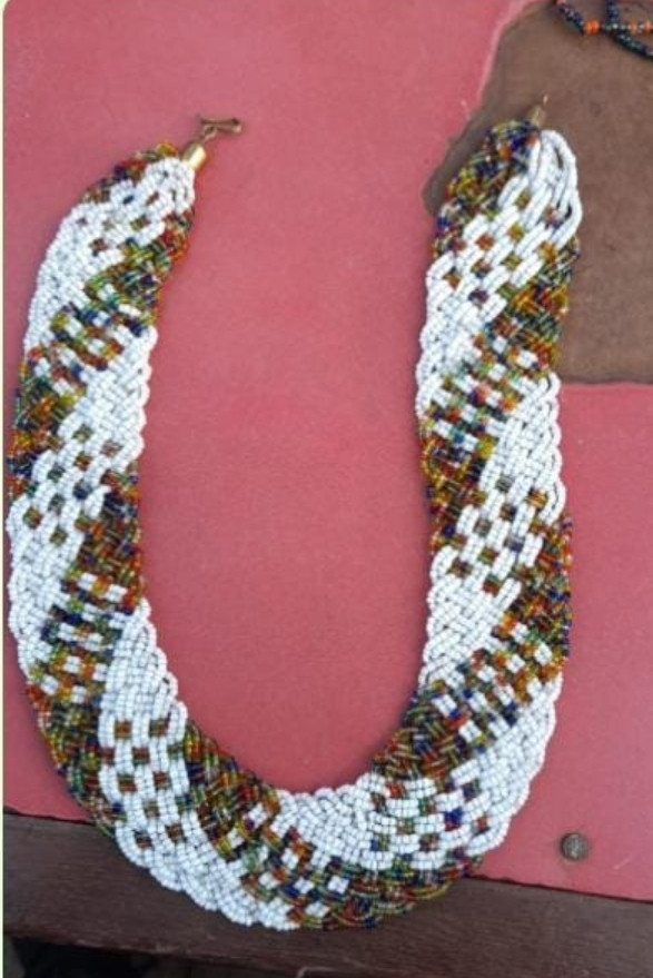 Bulky White & Green Beaded Necklace