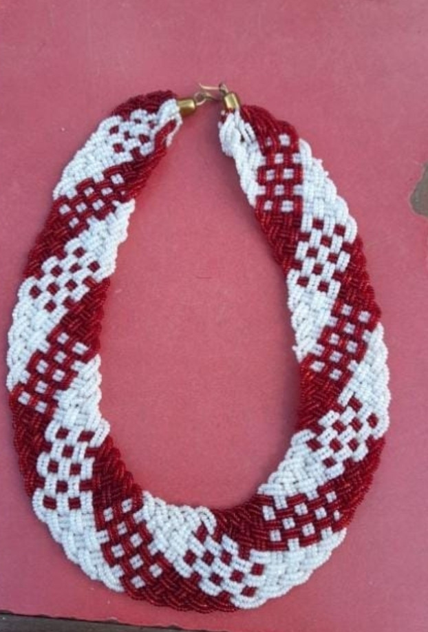 Bulky White & Red Beaded Necklace